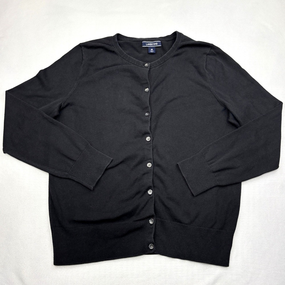 Lands End Cardigan Sweater Womens Medium 10 12 Black Cotton Button Front Classic